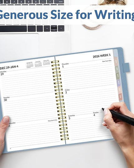 SUNEE 2026 Weekly & Monthly Planner 6.4"x8.5"- 12 Month (January 2026 - December 2026), Vegan Leather Cover, Pocket, Bookmark, Notes, Monthly Tab, Gray Blue