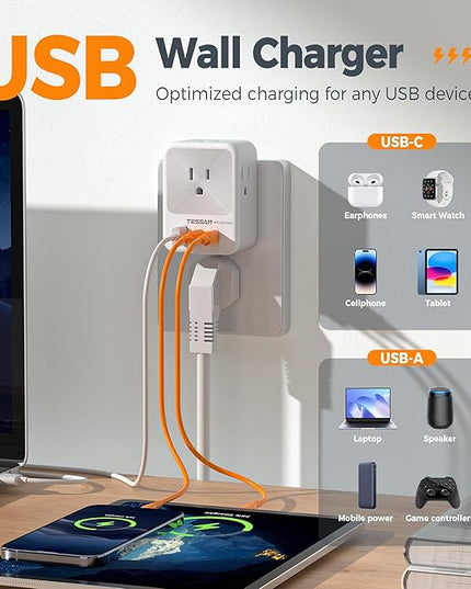 Multi Plug Wall Outlet Splitter, TESSAN Surge Protector 4 Outlet Extender with 3 USB Charger Blocks(2 USB C), 3-Sided Multiple Plug Expander for Home Office Dorm Room School Essentials