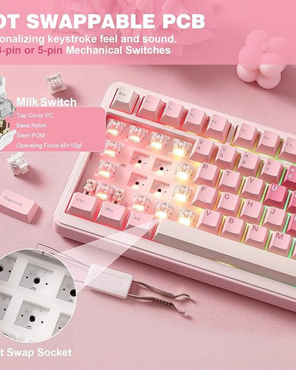 YUNZII B75 PRO Wireless Mechanical Keyboard,75% Layout with Knob,Hot Swap Gasket Custom Structure,Creamy Pre-lubed Switches,RGB Backlit,Bluetooth/Type-C/2.4G for Win/Mac(Milk Switch,Pink)