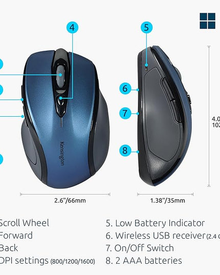 Kensington Pro Fit Mid-Size Wireless Mouse, Sapphire Blue (K72421AM)