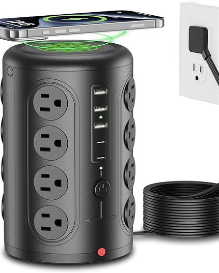 Power Strip Tower Surge Protector, TenTrend 16 Outlets and 5 USB Ports (2 USB-C), 2000 Joules Charging Station, 6FT Flat Plug Extension Cord for Home Office Dorm Room Essentials, Black