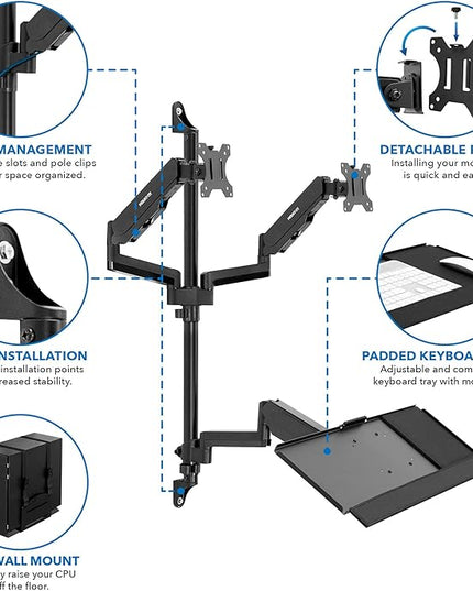 Mount-It! Wall Mount Workstation with Dual Monitor Mount, Keyboard Tray and CPU Holder, Height Adjustable Full Motion Arms, Fits Two 32 Inch Computer Screens