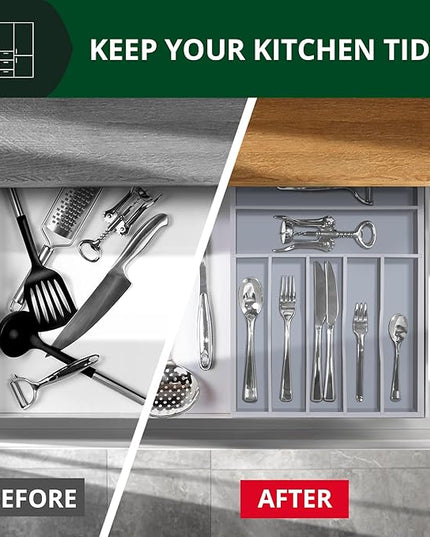 ROYAL CRAFT WOOD Luxury Bamboo Kitchen Drawer Organizer - Silverware Organizer - Utensil Holder and Cutlery Tray with Grooved Drawer Dividers for Flatware and Kitchen Utensils (7 Slot, Gray)