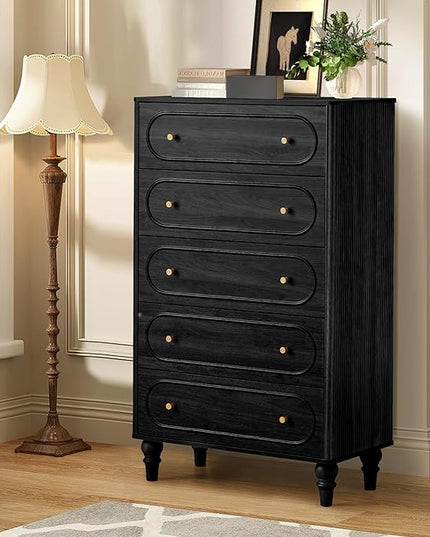 ORRD 5 Drawer Fluted Dresser for Bedroom, Mid Century Modern Chest of Drawers, Wood Storage Large Dresser Organizer for Bedroom Living Room Hallway Closet, Black