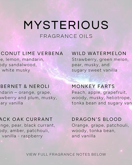 Eternal Essence Oils Mysterious Set of 6 Premium Fragrance Oils - Coconut Lime Verbena, Cabernet & Neroli, Dragons Blood, Wild Watermelon, Monkey Farts, and Black Oak Currant Scented Oils - 10ML