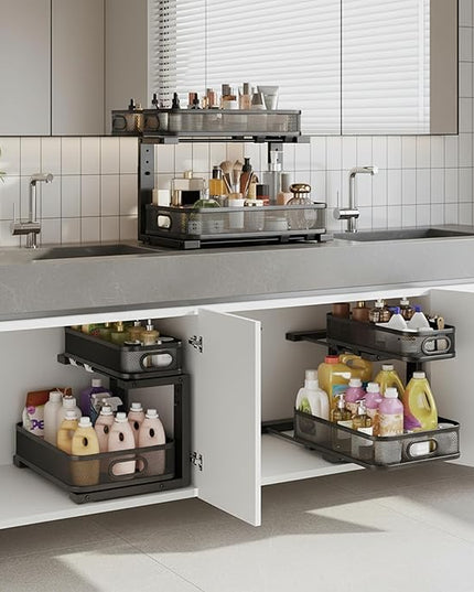 2 Pack Under Sink Organizer, Dual-Layer Pull Out Mesh Cabinet Rack with 5-Level Height Adjustment, Rust-Resistant Sliding Storage for Bathroom & Kitchen, Multi-Purpose 2-Tier Shelf(Black)