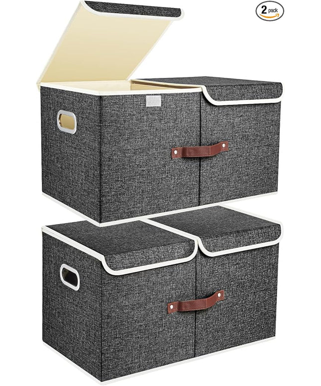 TYEERS Extra Large Collapsible Storage Bins with Lids and Compartments, Washable, Fabric Storage Boxes, 21.7x13x11.8 inches, 2 Pack, Black
