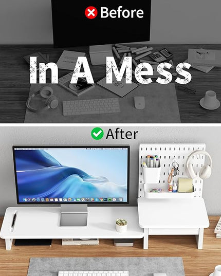 Pegboard Monitor Stand Riser,Computer Monitor Stand with 2 Hooks Cable Management Desk Organizer and Drawer for Laptop,PC,Computer,Printer,White