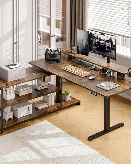 ONBRILL L Shaped Standing Desk with File Cabinet, 55x24'' Electric Stand Up Desk with Monitor and Storage Shelf, Adjustable Height 28-46'' for Home and Computer Workstation, Rustic Brown