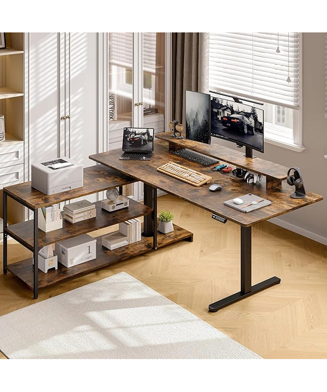 ONBRILL L Shaped Standing Desk with File Cabinet, 63x24'' Electric Stand Up Desk with Monitor and Storage Shelf, Adjustable Height 28-46'' for Home and Computer Workstation, Rustic Brown