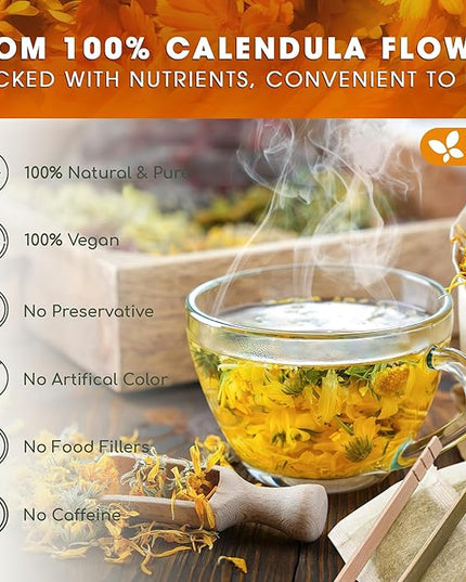 FreshDrinkUS, Premium 135 Calendula Tea Bags, 100% Natural and Pure Calendula Flowers, Eco-conscious Tea Bags. Herbal Tea. No Sugar, No Caffeine, No Gluten, Vegan.