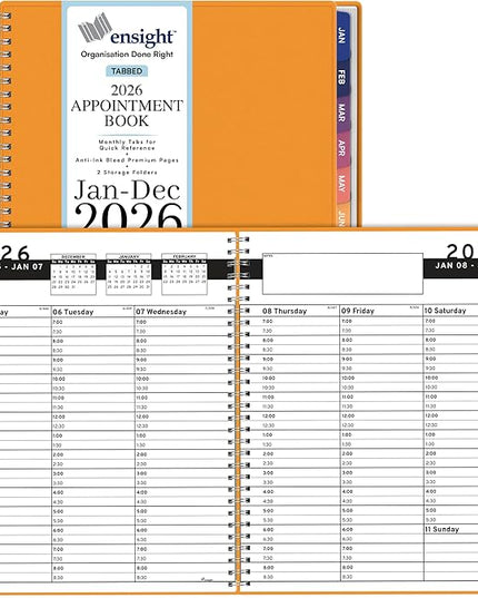 Ensight 2026 Appointment Book and Planner 6.5" x 8.5" Large Hourly Weekly Daily Schedule Book with Tabs, 30 Minute Time Slots, Yellow Calendar Organizer Jan 2026–Dec 2026 Appointment Planner - Yellow