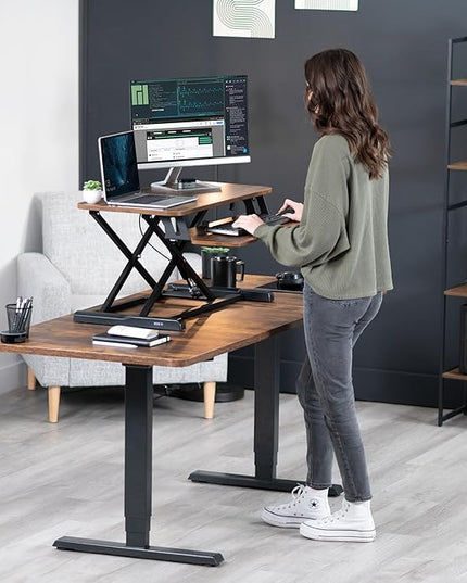 VIVO 32 inch Desk Converter, K Series, Height Adjustable Sit to Stand Riser, Dual Monitor and Laptop Workstation with Wide Keyboard Tray, Vintage Brown Top, Black Frame, DESK-V000KN