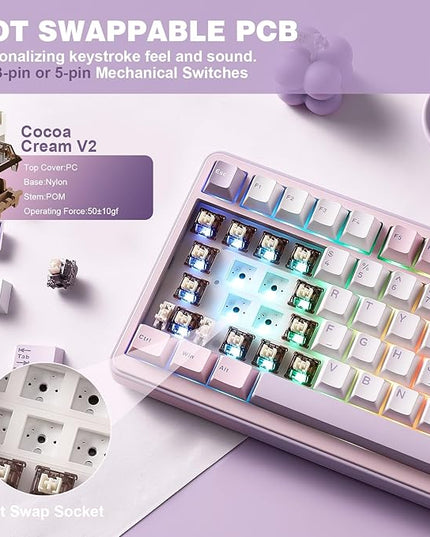 YUNZII B75 PRO Wireless Mechanical Keyboard,75% Layout with Knob,Hot Swap Gasket Custom Structure,Creamy Pre-lubed Switches,RGB Backlit,Bluetooth/Type-C/2.4G for Win/Mac(Cocoa Cream V2 Switch,Purple)