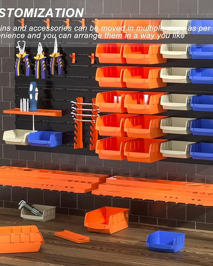 52PCS Wall Mounted Storage Bins Garage Storage Drawers with 4PCS Wall Mounting Peg Boards Workshop Parts Rack Container Tool Organizer Easy Access Compartments for Hardware Crafts Office Supplies