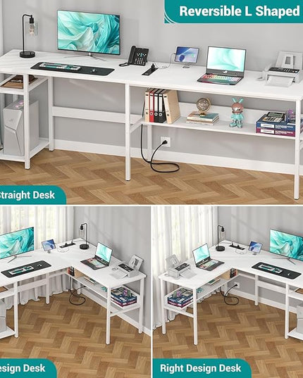 Reversible L Shaped Gaming Desk with Power Outlets and USB Charging Ports, Sturdy Computer Desks with Storage Shelf, Modern Corner Desk Home Office Table, Easy to Assemble, White