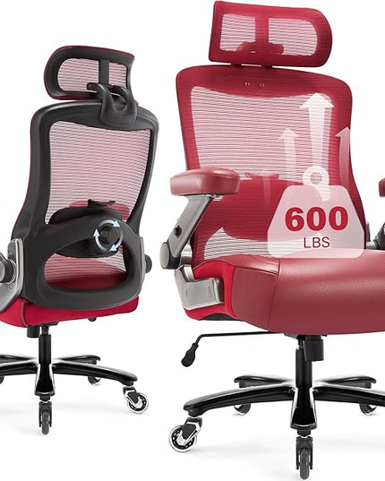 600lbs Big and Tall Office Chair- Heavy Duty Executive Computer Chair with 3D Flip Arms Large Wheels, Ergonomic Mesh High Back Desk Chair, Extra Wide Seat Adjustable Lumbar Support&Headrest