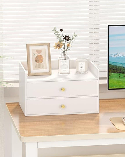 Bamboo Desk Organizer with Drawers Wooden Desktop Storage Drawers for Bills Office Supplies Kitchen Utensils Organizing Tool for Home Classroom Organization No Assembly (2 Drawers, White)