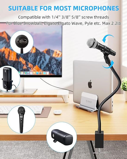 Microphone Arm Stand Long 20.5'' Sturdy Gooseneck Mic Stand Adjustable Microphone Arm Stand Microphone Holder Flexible Stand Black Podium Compact Mic Arm for Desk Traveling