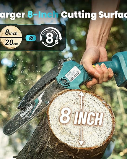 Seesii Mini Chainsaw 8-inch, Mini Chainsaw Cordless Tool Set, Battery Chainsaw with 2x 4.0Ah Batteries, Handheld Electric Power Chain Saw with Oiler, Safety Lock for Tree Trimming,Wood Cutting