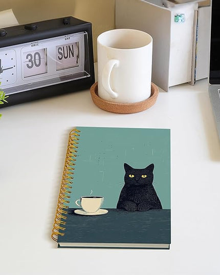 ROXMART Vintage Coffee Black Cat Spiral Notebook Journal, Cat Lover Mom Lady Gifts for Women, Funny Black Kitty Kitten with Coffee Hardcover Notebook Journal, 5.5x8.3 Inch