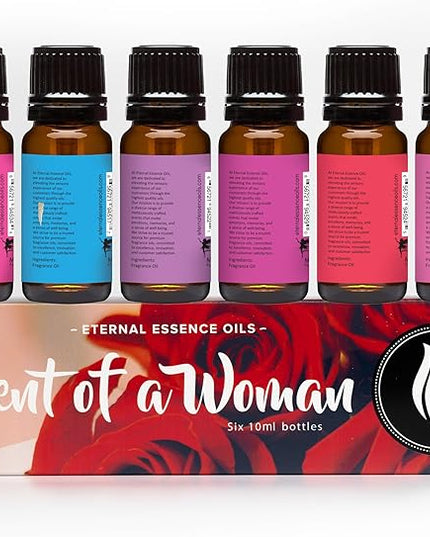 Eternal Essence Oils Scent of a Woman Set of 6 Premium Fragrance Oils - Includes Guava Colada, Twilight Woods, Bali Mango, Passion Fruit & Guava, Juniper Breeze, and Love Spell Scented Oils - 10ML