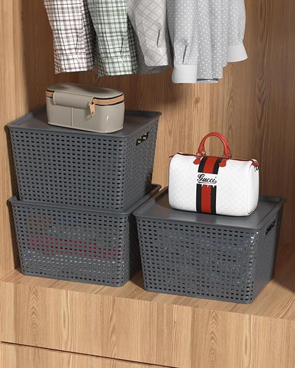 6 Packs Large Plastic Storage Basket Bin with Lid, Tall Stackable Lidded Organizer Baskets for Desktops, Closets, Shelves, Gray