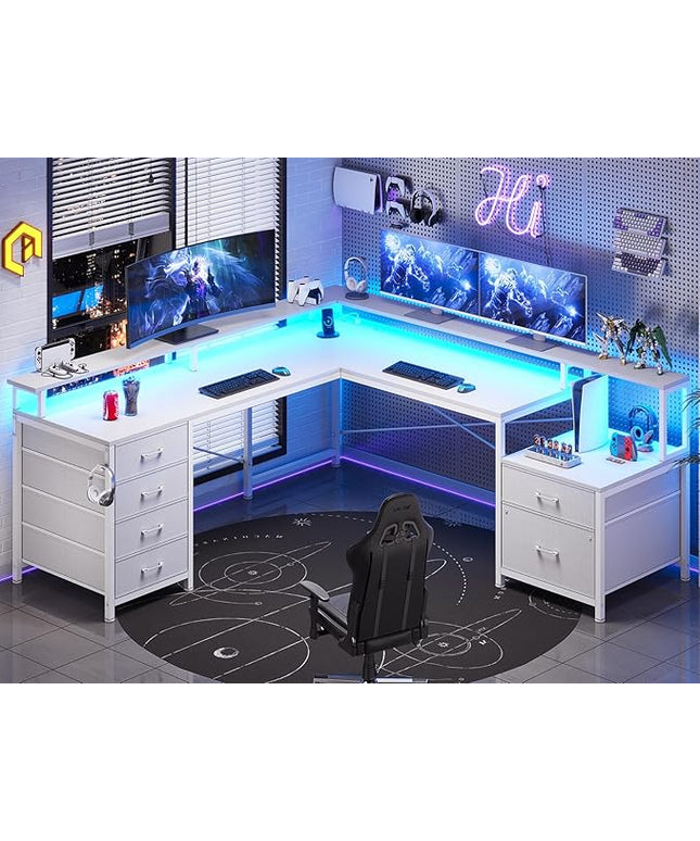 SEDETA L Shaped Desk with 6 Drawer, 108" Home Office Desk with File Drawer & Power Outlet, Corner Computer Desk with Monitor Shelf, File Cabinet, Two Person Desk, Gaming Desk with Led Lights, White