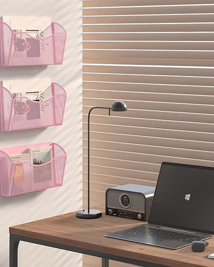 EasyPAG Single Pocket Wall File Organizer, Mesh Hanging File Folder Organizer for Letter/A4 Size Folders, Wall Mounted Vertical Mail Holder for Paperwork, Office, Home, School, Pink