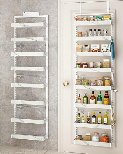 bukfen Over the Door Pantry Organizer,8-Tier Adjustable Basket Kitchen Pantry Door Organization and Storage, Heavy-Duty Metal Hanging Kitchen Spice Rack,D6.3 x W17.32 x H66.93 inch,White Marble Color