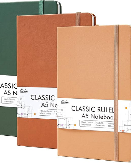 feela Hardcover Notebook For Work, Classic Ruled Lined Journal Set School Business Supplies, with 3 Black Pens, 120 GSM, 5.1”x8.3”, 3 Pack, A5, Vintage Colors