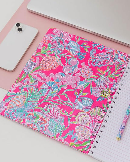Lilly Pulitzer Large Pink Hardcover Spiral Notebook, 11" x 9.5" with 160 College Ruled Pages, Shell Me Something Good
