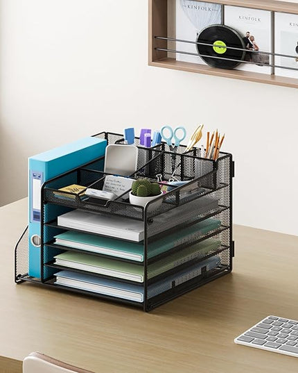 Lavatino Desk Organizer, 5-Tier Metal Mesh Paper Letter Tray with 1 File Holders & 7 Flexible Dividers for Office or Home Desk Organizers and Accessories, Keep Workspace Supplies Neat, Black