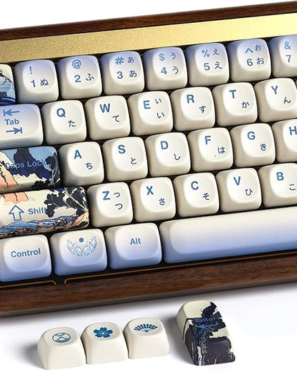 OHY XVX MOA Profile Japanese Fuji Mountain Theme Keycaps Set, 132 - Key Blue & Creamy White Custom Keycaps for US Layout Mechanical Keyboards -Blue and White