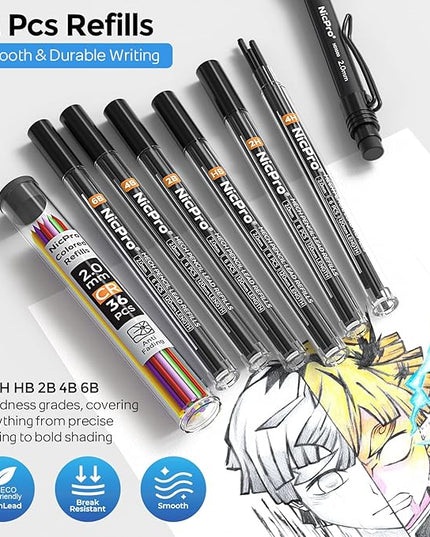 Nicpro 2.0 mm Mechanical Pencil Set, 3PCS Artist Lead Pencil Holder 2mm with 72PCS Lead Refills (4H 2H HB 2B 4B 6B Color) Eraser, Weatherproof Barrel for Outdoor Writing Drafting Drawing Sketching