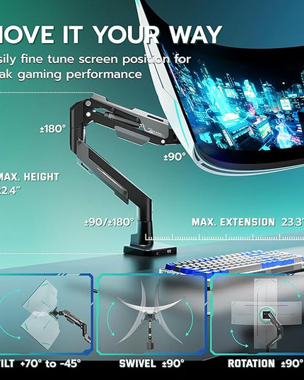 ARES WING Heavy Duty Ultrawide Monitor Arm - Gas Spring Aluminum Monitor Mount with USB for 24"-57" Curved Screens up to 66 lbs with Clamp/Grommet Desk Mount, 75/100/200 Vesa Mount, Black