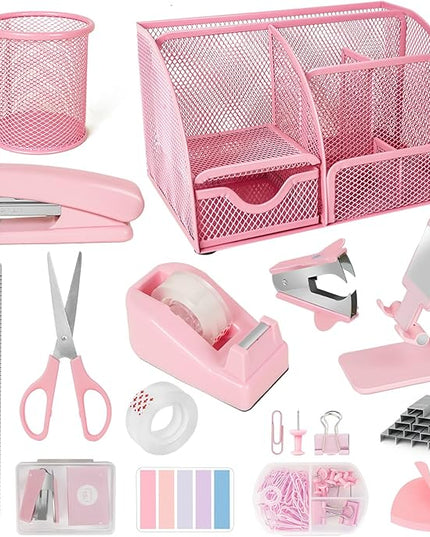 Desk Organizers and Accessories, Office Supplies 15PS Set with Stapler, Staple Remover, Pen Holder, Clips Set, Tape Dispenser, Tape, Phone Holder, 1000 Staples, Ruler, Scissors （Pink）