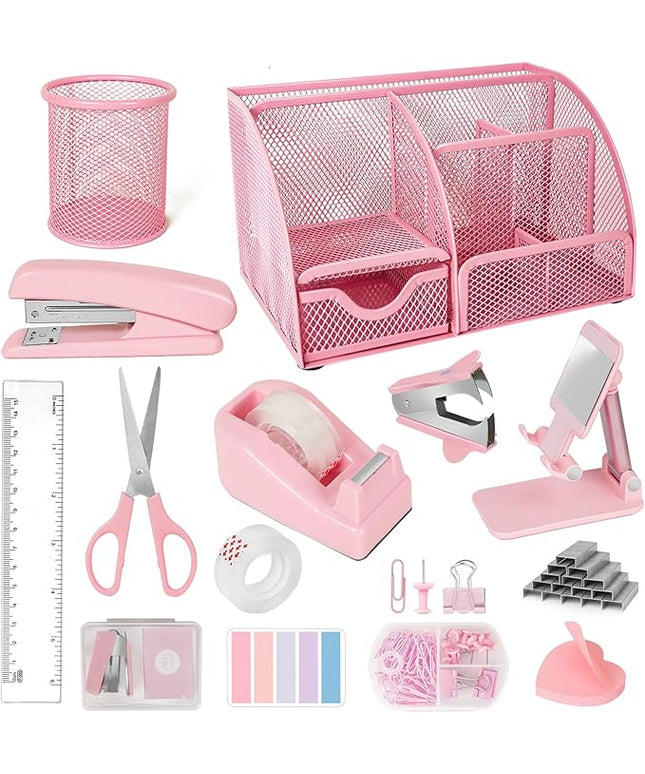 Desk Organizers and Accessories, Office Supplies 15PS Set with Stapler, Staple Remover, Pen Holder, Clips Set, Tape Dispenser, Tape, Phone Holder, 1000 Staples, Ruler, Scissors （Pink）