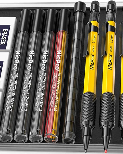 Nicpro 3 PCS 1.3 mm Mechanical Pencil Set with 48 Lead Refills, 3 Eraser - Weatherproof Metal Barrel, Heavy Duty Carpenter Pencil MP2000 for Outdoor Marking Drafting Drawing Woodworking - with Case