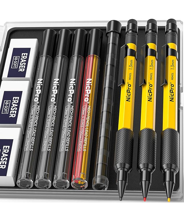 Nicpro 3 PCS 1.3 mm Mechanical Pencil Set with 48 Lead Refills, 3 Eraser - Weatherproof Metal Barrel, Heavy Duty Carpenter Pencil MP2000 for Outdoor Marking Drafting Drawing Woodworking - with Case
