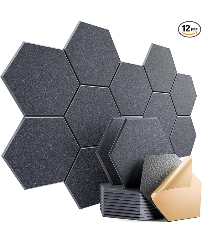 12 Pack Self-Adhesive Acoustic Panels 12" X 10" X 0.4" - Sound Proof Foam Panels with High Density, Stylish Hexagonal Design, Flame Resistant, Absorb Noise and Eliminate Echoes(Dark Gray)