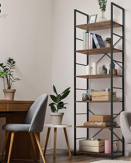 CAPHAUS 6 Tier Bookshelf, 24 Inch Width Free Standing Shelf, Bookcase Shelf Storage Organizer, Industrial Book Shelves for Home Office, Living Room, Kitchen, Rustic Oak Vintage Shelves & Metal Frame