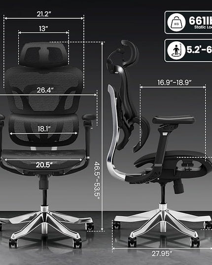 FLEXISPOT ErgoX Max Ergonomic Office Chair Black - Aluminum Alloy Frame & Base, 661 lb Capacity, 5D Armrests, 4D Adaptive Lumbar & 4D Headrest