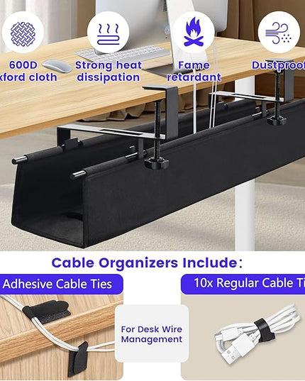 Under Desk Cable Management Tray, Clamp-On Cord Organizer，No Drilling Required, Holds Up to 22 lbs, for Cords, Routers, Power Strips (Black, 28.4inch)