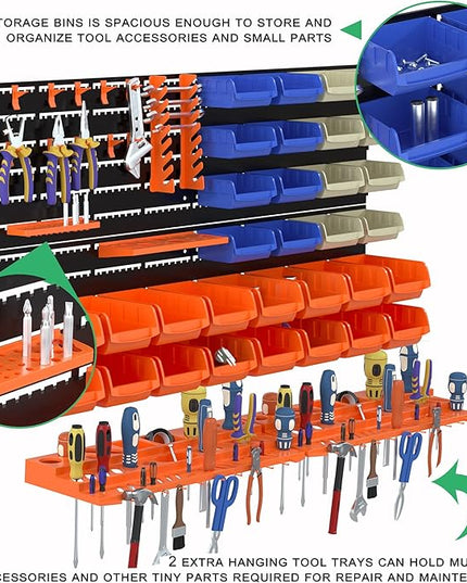 52PCS Wall Mounted Storage Bins Garage Storage Drawers with 4PCS Wall Mounting Peg Boards Workshop Parts Rack Container Tool Organizer Easy Access Compartments for Hardware Crafts Office Supplies