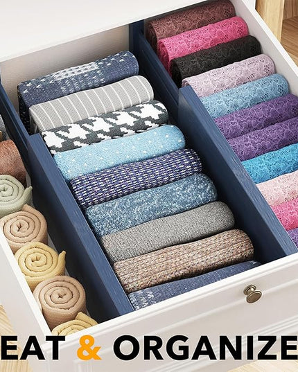 SpaceAid Bamboo 4 Pack Dresser Drawer Dividers, 4.65“ High Adjustable 12.5“-17” Drawer Organizers, Expandable Organization for Clothing, Clothes, Dressers, Navy Blue