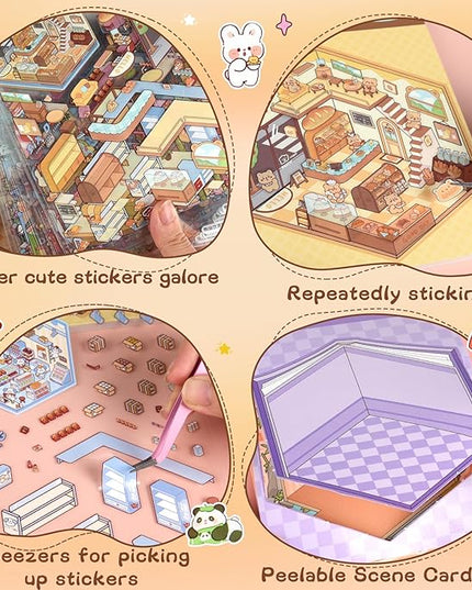 ASTARON 20 Sets DIY 3D Sticker Scene Book Sticker Therapy for Adults, Make Your Own Mini Cozy Shop House Room Stickers Cute Cartoon Miniature Stickers for Girls, Relief Stress Pass The Time