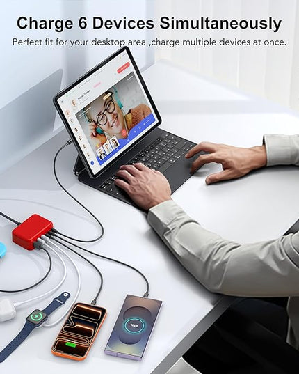 USB C Fast Charger 100W GaN 6 Port Type USB C Charging Station Hub Block Wall Charger Power Strip Adapter Plug Cube Brick 3 USB A for iPad iPhone 17 16 15 14 13 12 11 Pro Max