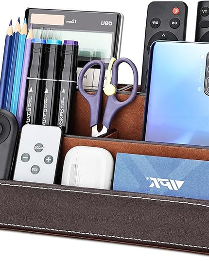 KINGFOM Pu Leather Desk Organizer with 5 Compartments Holder, Multi-Functional Office Supplies Storage Caddy for Pen/Pencil, Phones, Remote Controller and Desktop Accessorie Brown