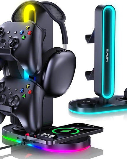 HiWe Universal RGB Gaming Headphone Stand with 2 Controller Holder, Wireless Charger for iPhone/iWatch, Solid ABS, Non-Slip Base, with USB-A & USB-C Outputs, Adatper Included, Black